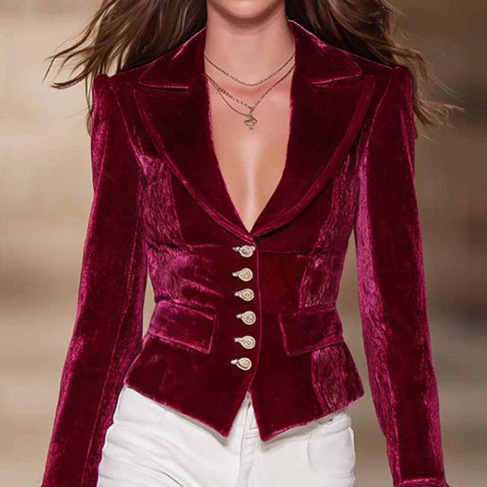 Velvet Blazer Vintage - Женский элегантный бархатный блейзер бордового цвета,