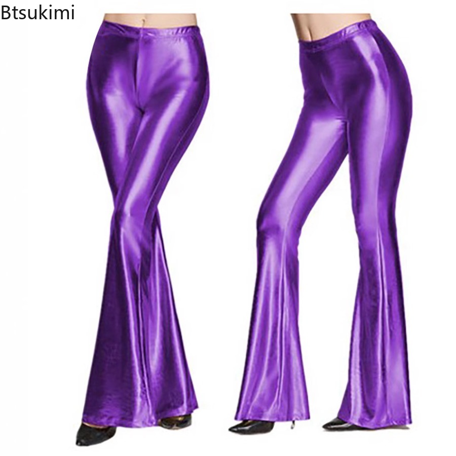 Wide Leg Trouser 70S - Женские блестящие брюки-клеш из искусственной кожи,